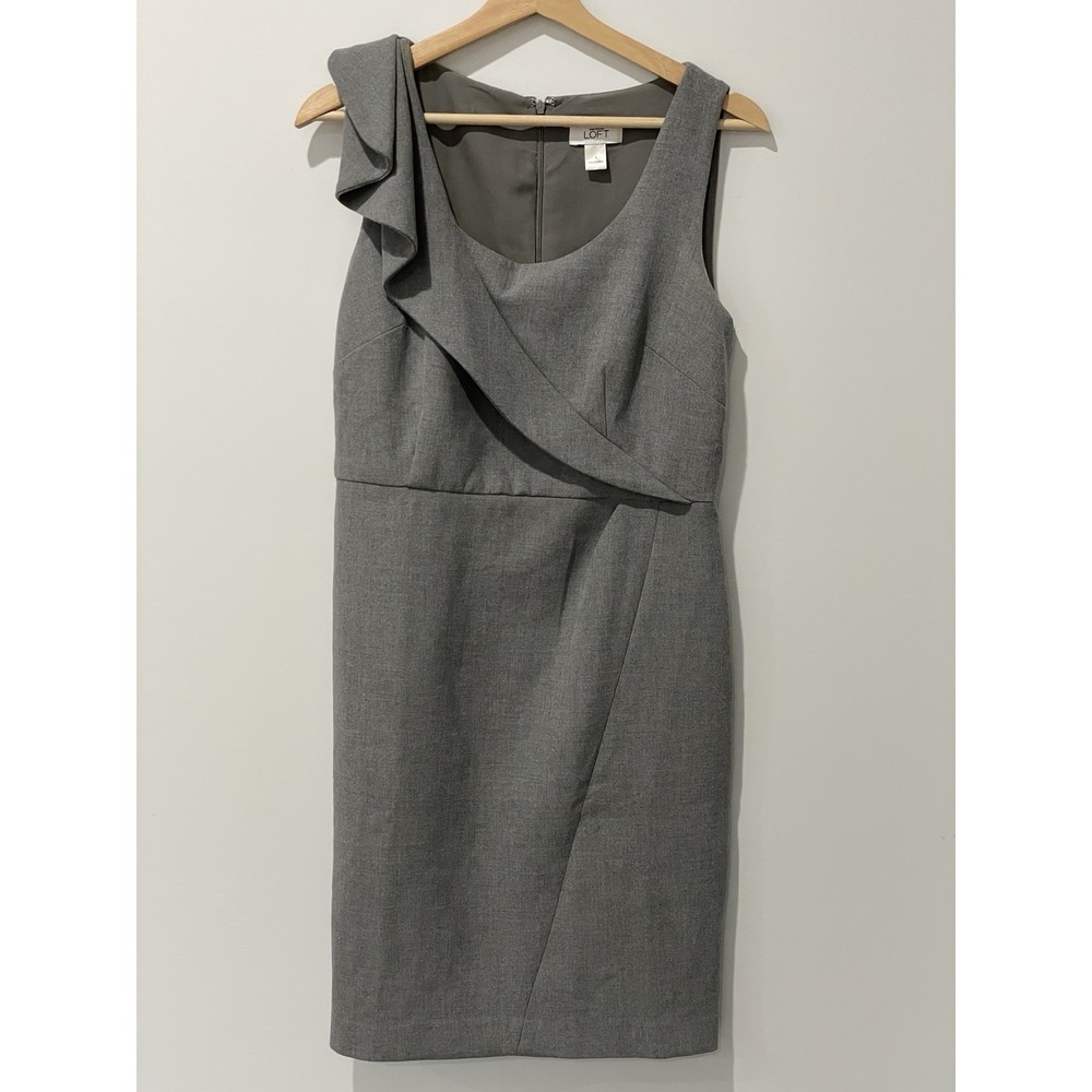 Ann Taylor Loft Shift Dress Womens 6 Gray Faux Wrap Sleeveless Stretch Business